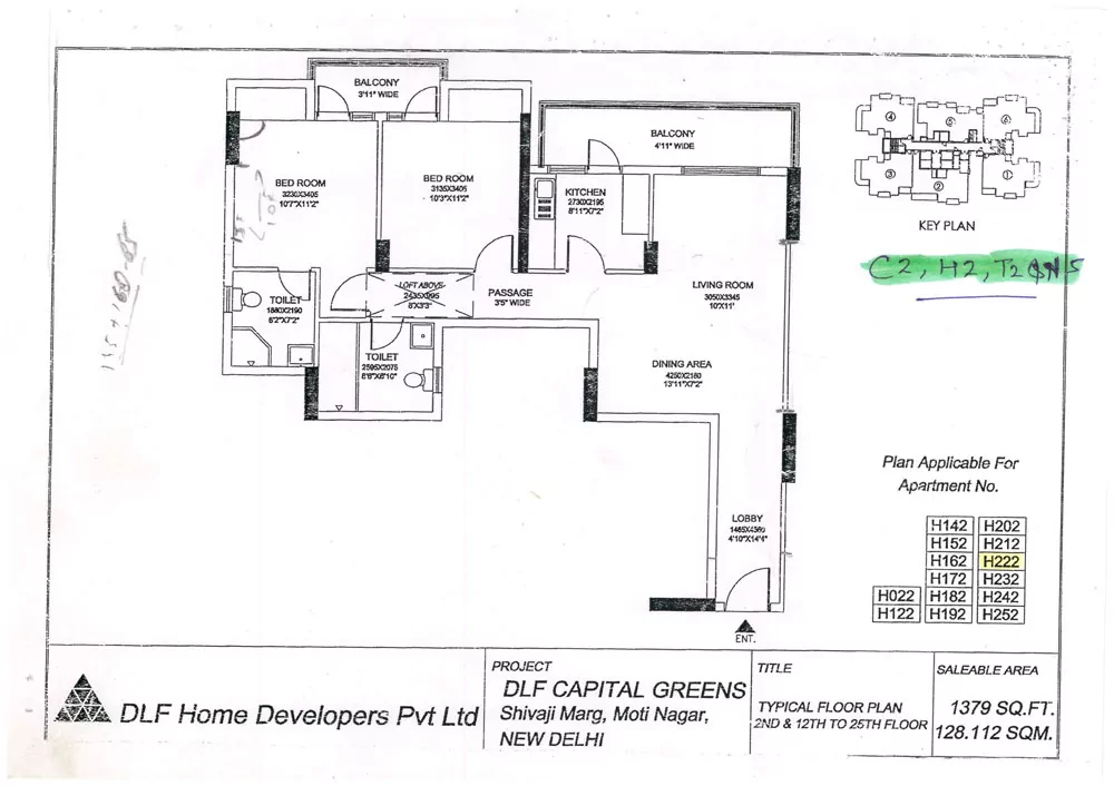 2 BHK + T, Typical Floor Plan, Type A - 1379 Sq.Ft.