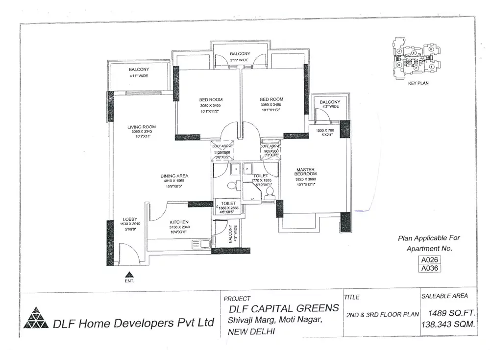 3 BHK + 2T, Typical Floor Plan, Type A - 1489 Sq.Ft.